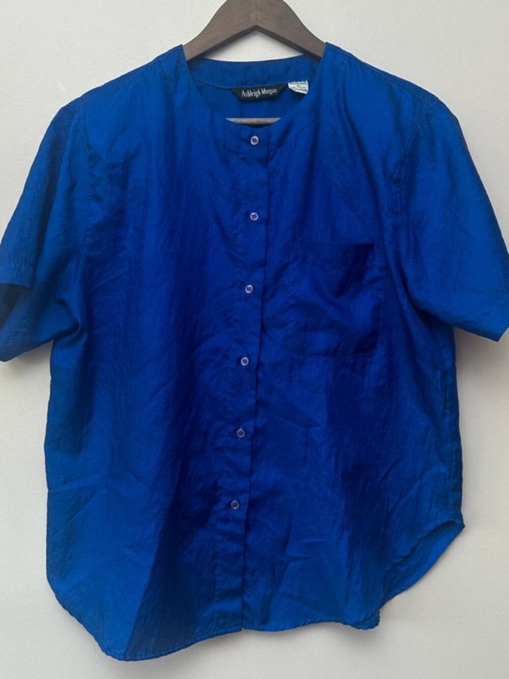 Vintage Ashleigh Morgan Womens Medium Royal Blue Short Sleeve Blouse Shoulderpad